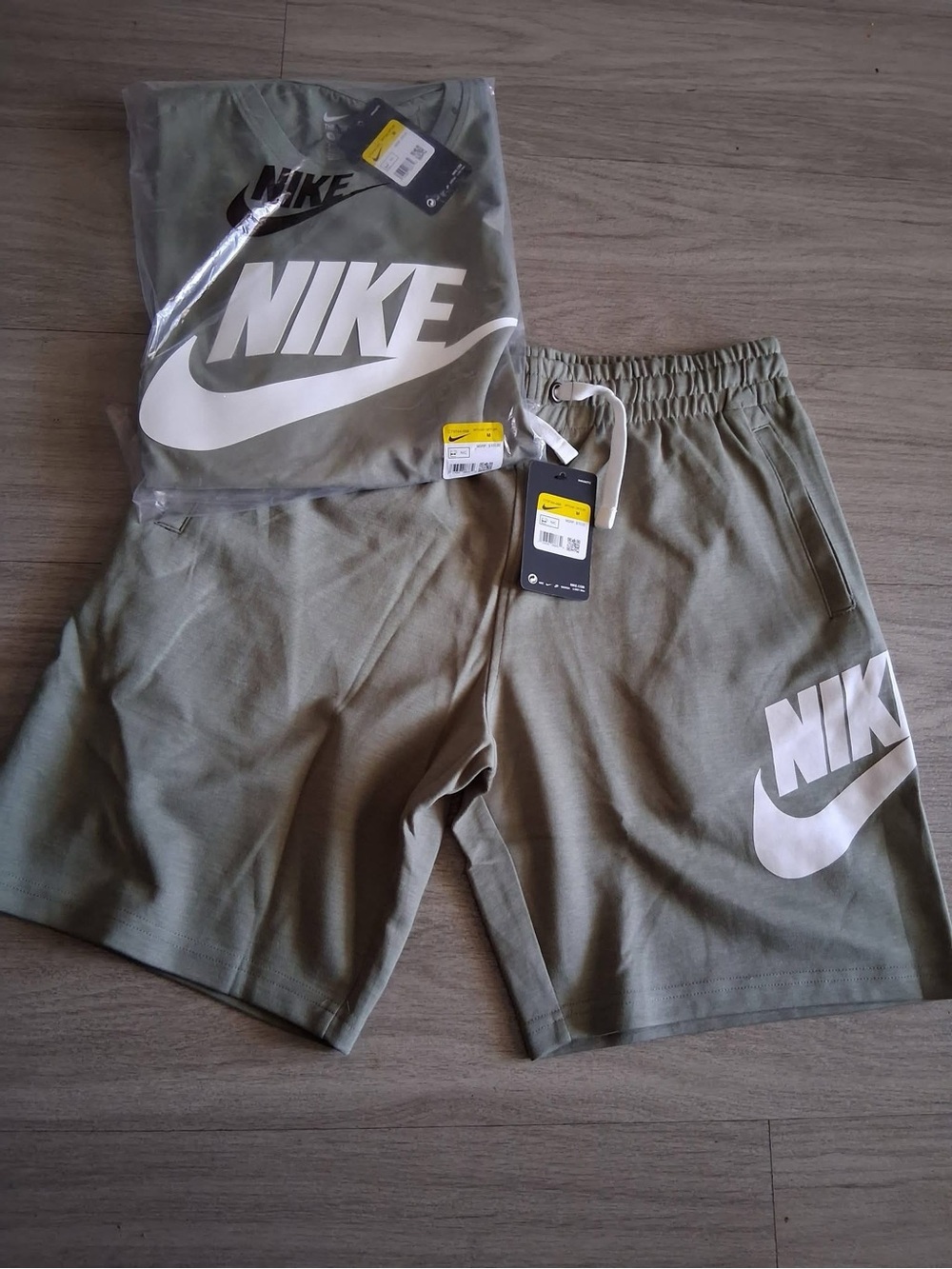 Nike Olive T-Shirt and Shorts with White Swoosh Logo
